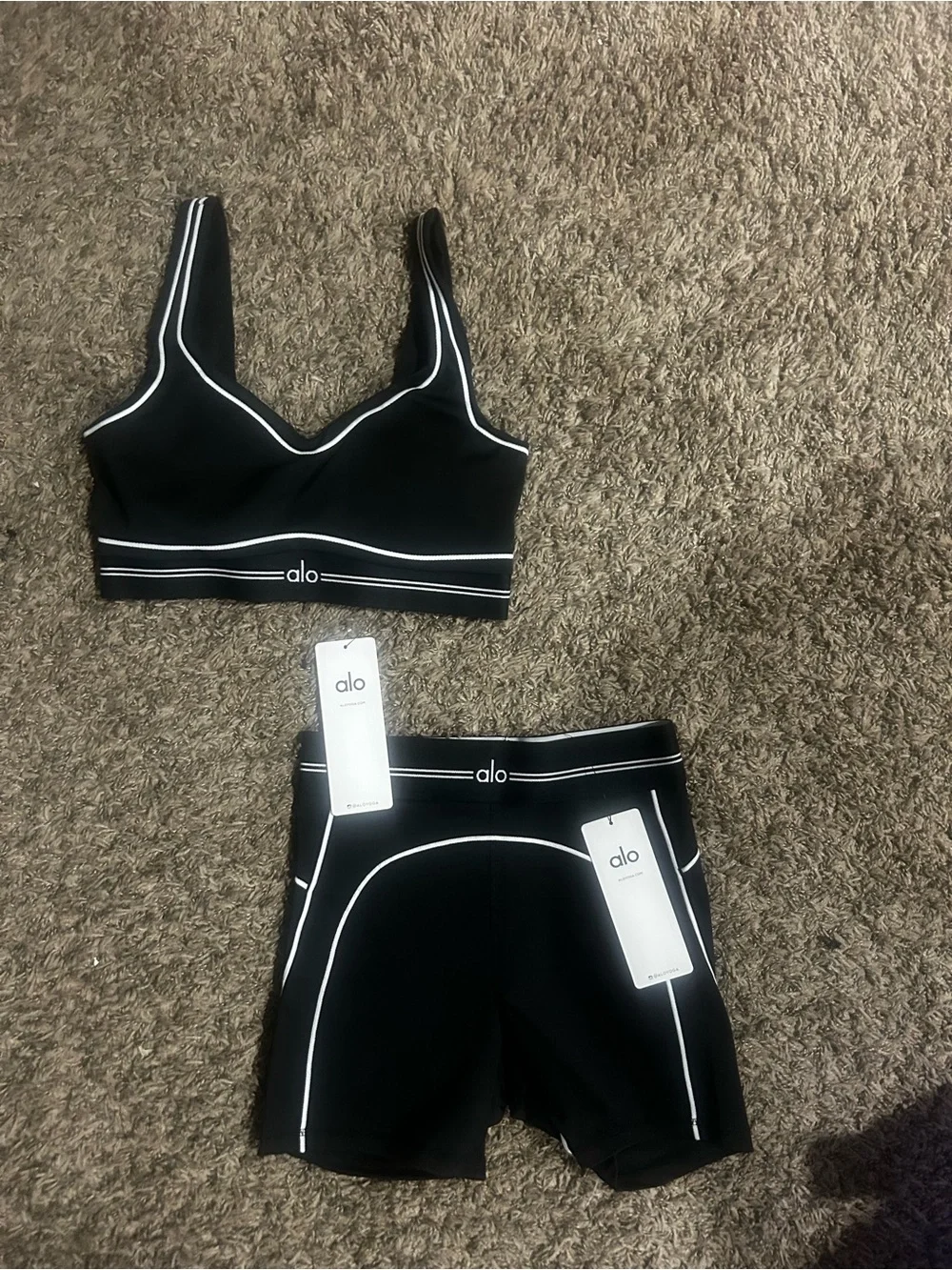 ALO Yoga Black Sports Bra & Bike Short Set with White Piping